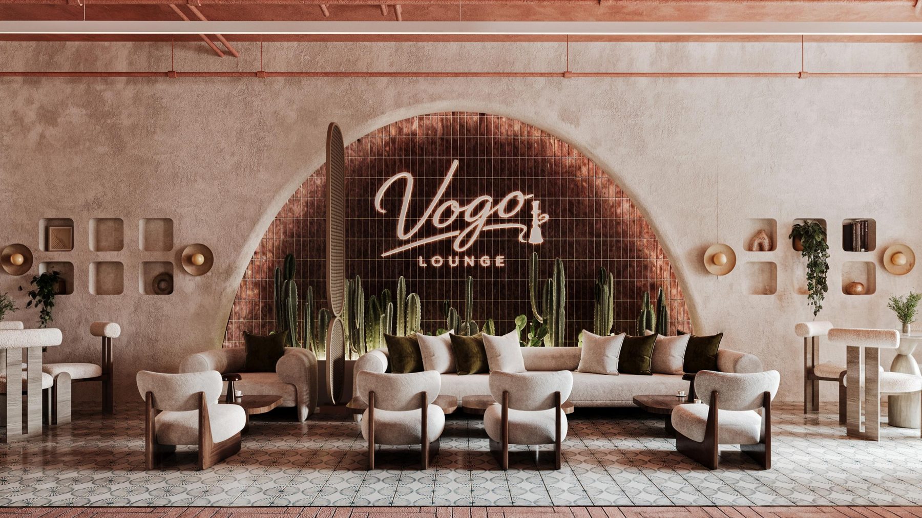 The main arch, pendant lights and cactus wall