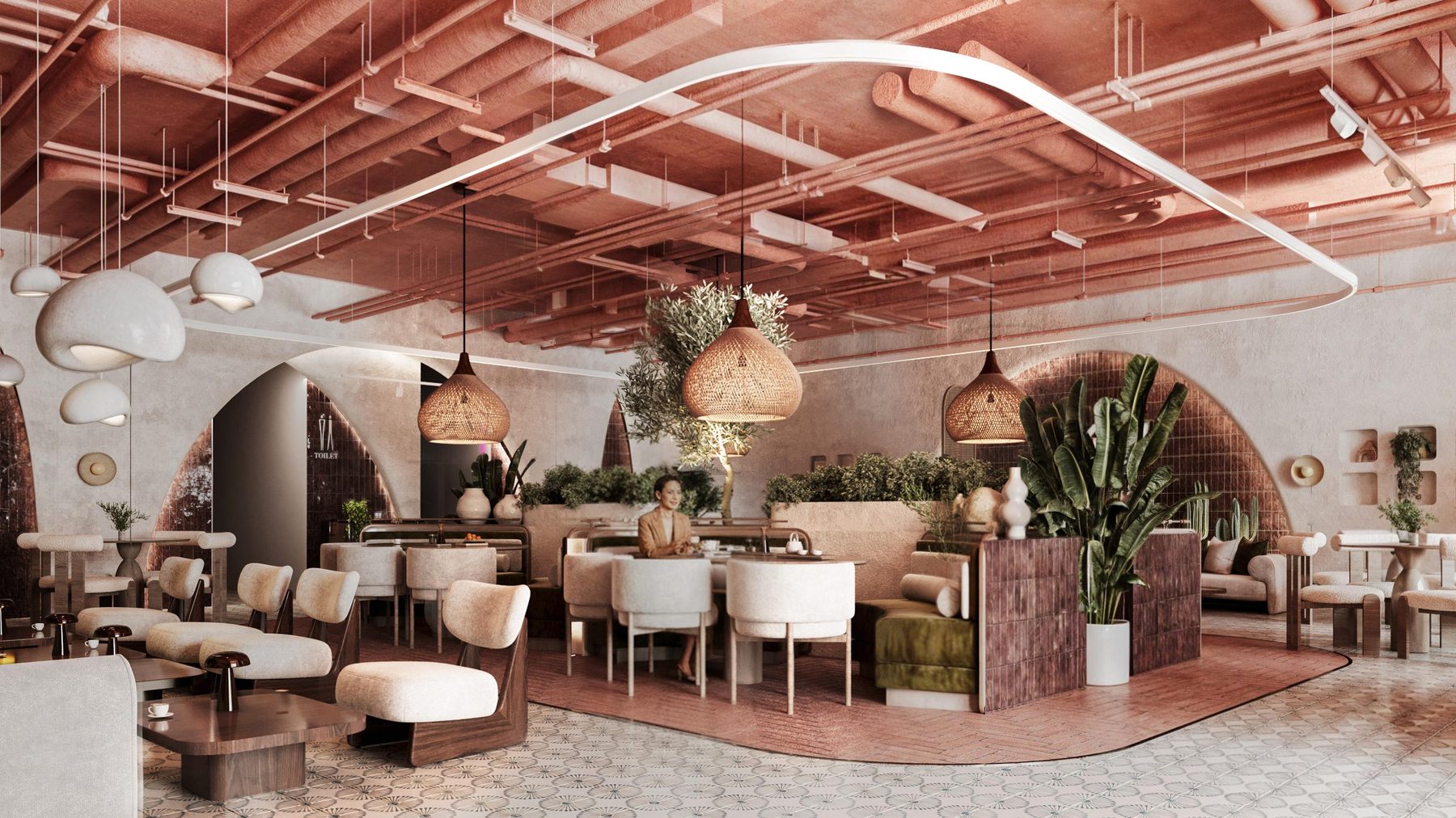 Curved sofas below the tiled arch