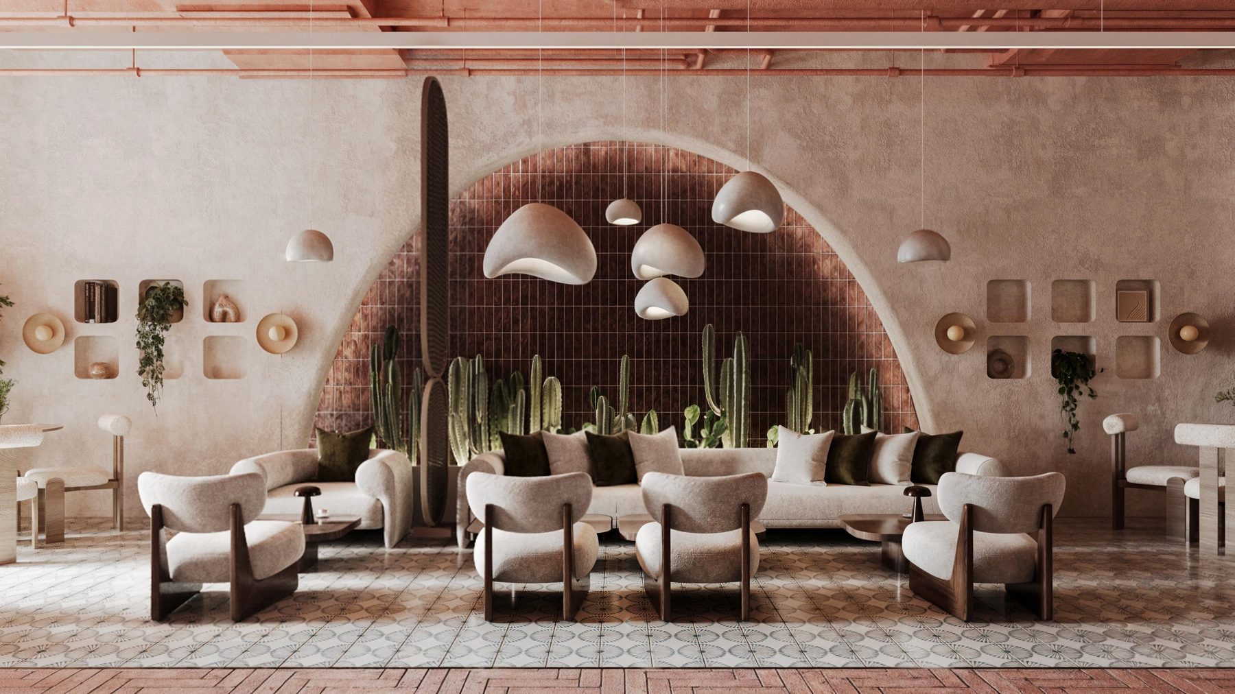 Woven pendants over the central seating
