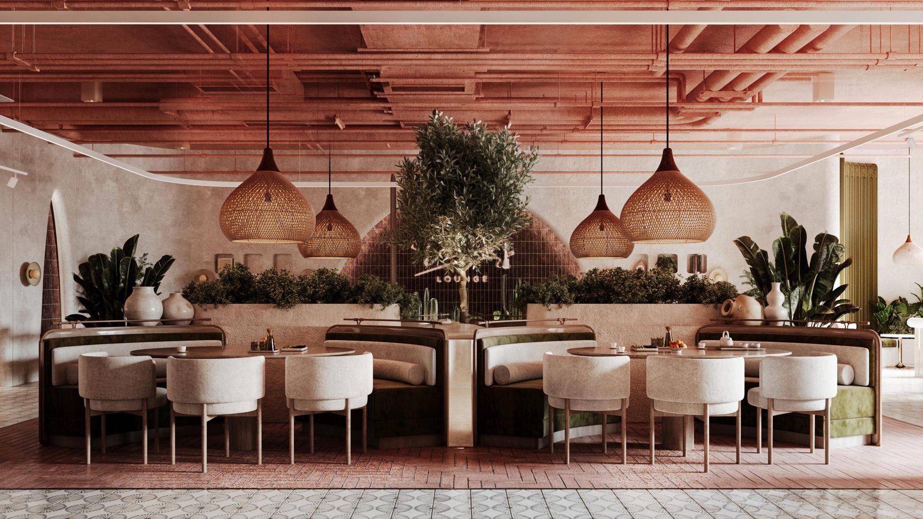Table seating under hanging greenery