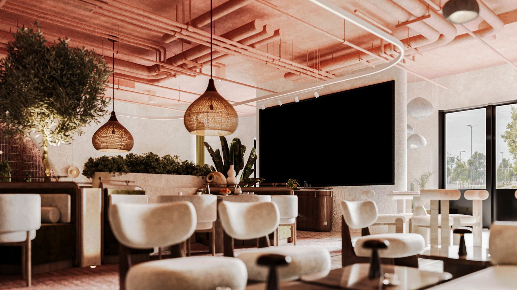 Curved booth seating by the windows