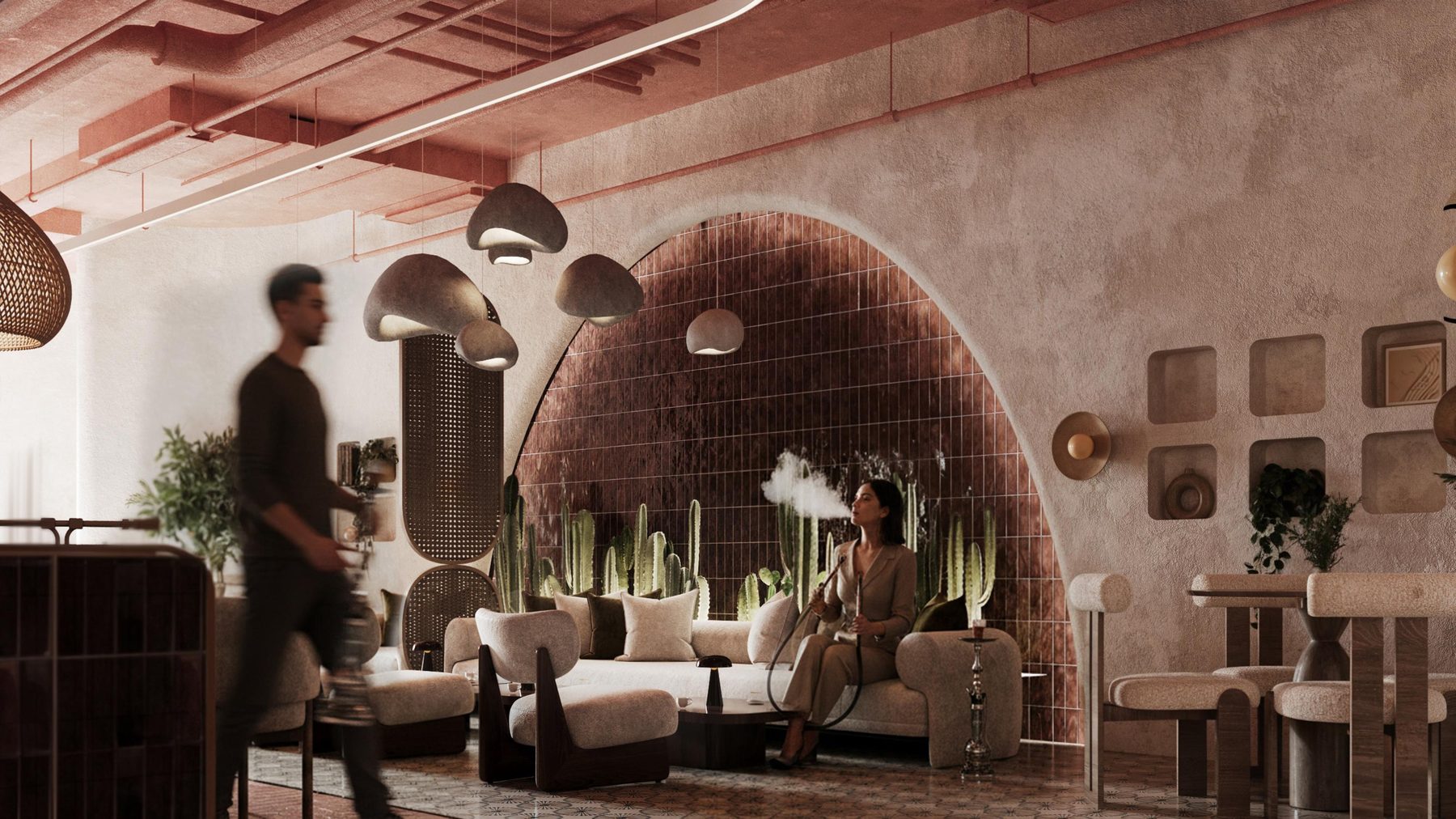 Guests settling in beneath the arch