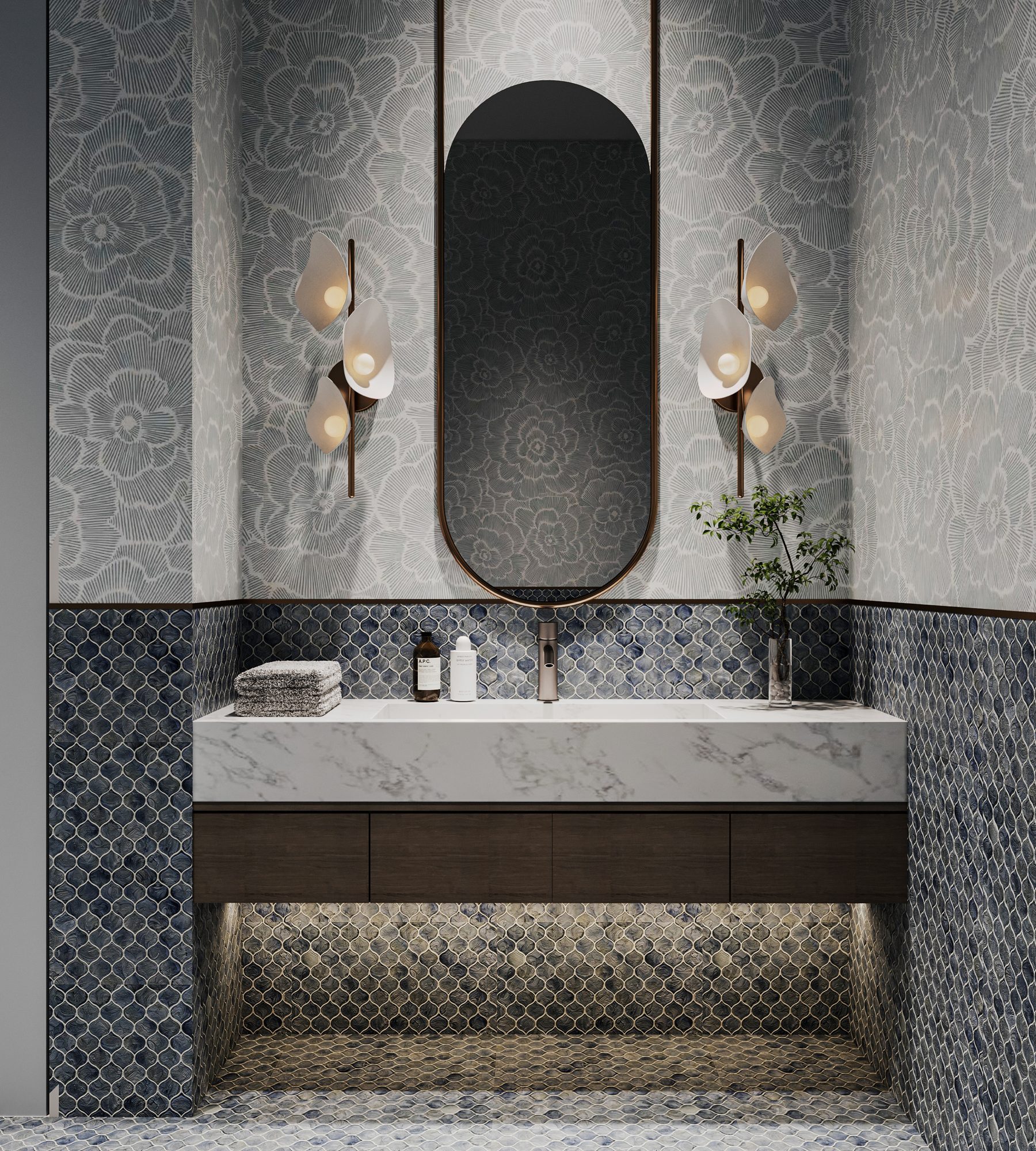 Stone restroom with a sculpted mirror