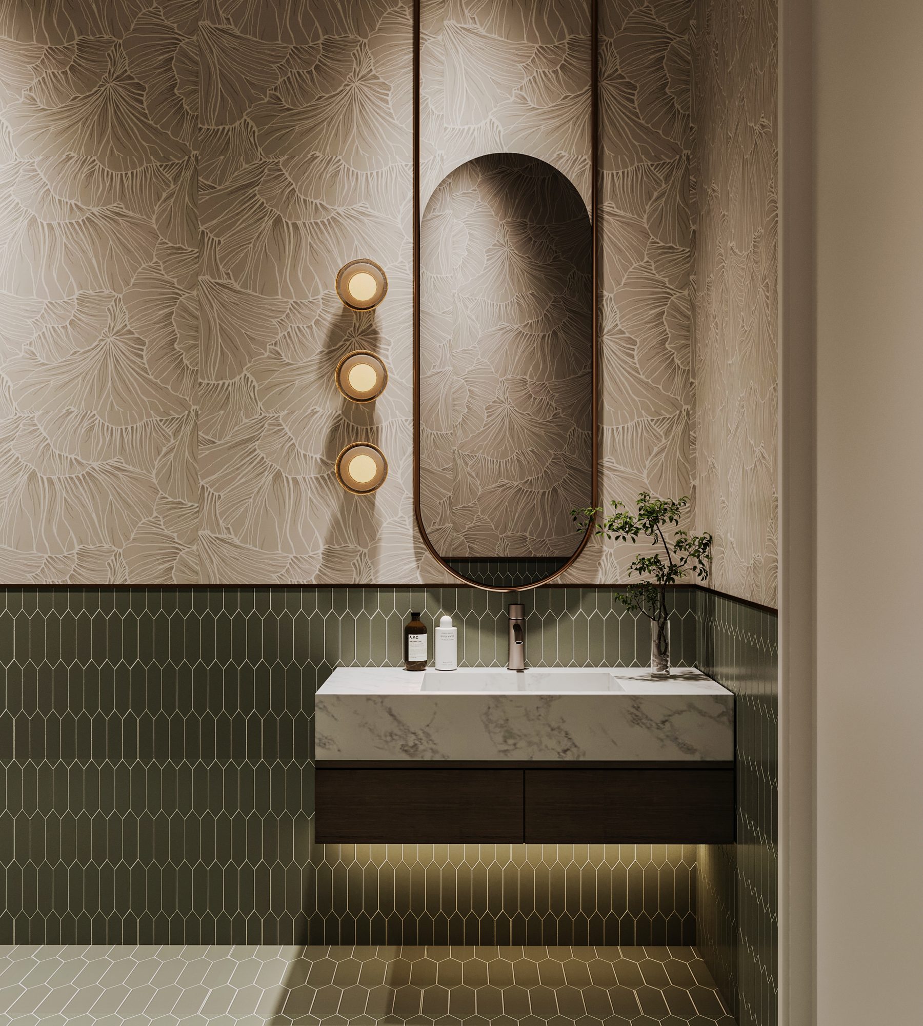 Olive-tile restroom