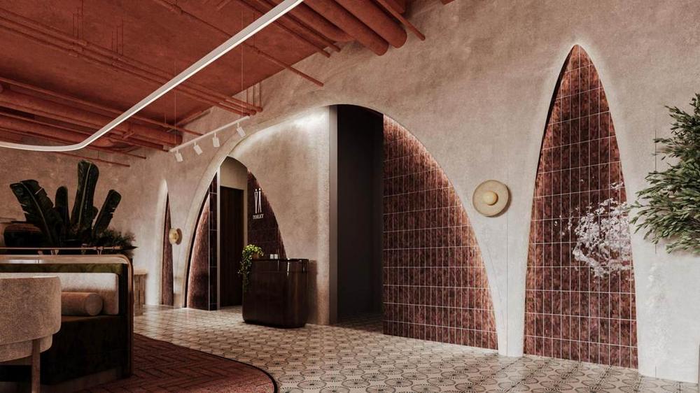 Arched hallway with terracotta ceiling
